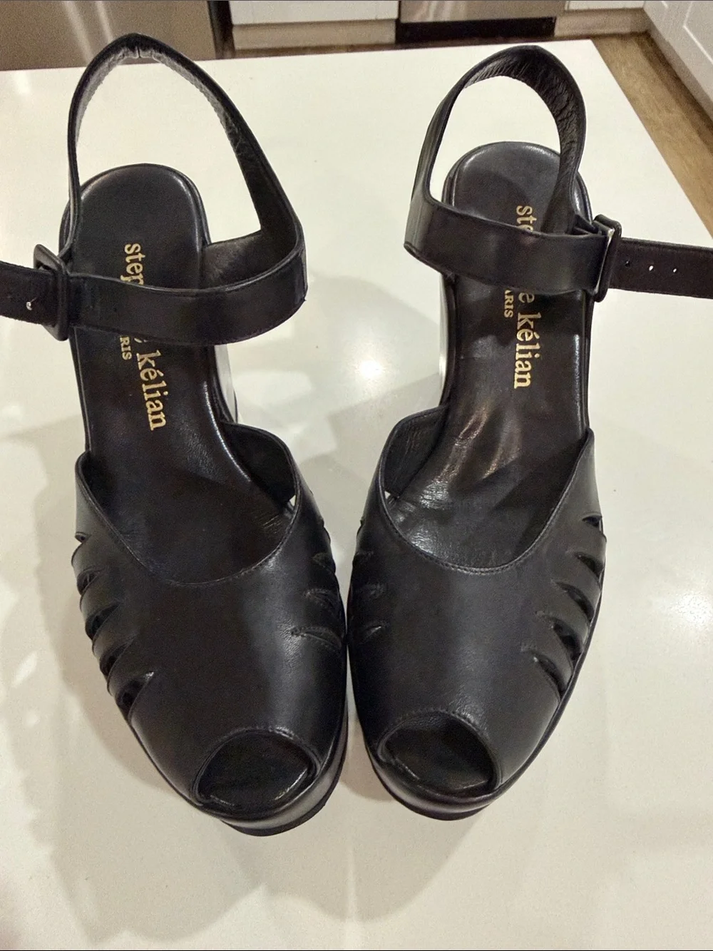 Stephane Kelian Black Leather Peep-Toe Wedge Sandals vintage brand new!